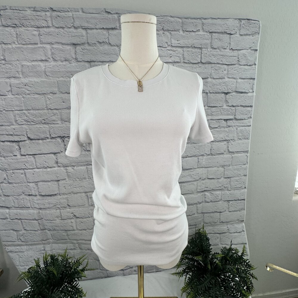 Trendy Queen White Ruched Side Short Sleeve Top L Fitted Tee